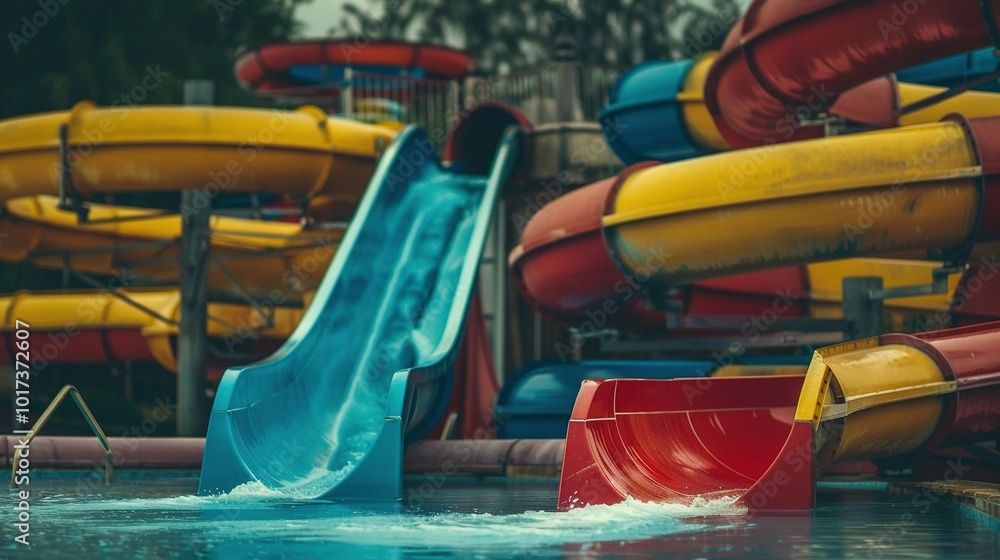 Vibrant Water Slides: A Colorful Set in an Outdoor Aquapark