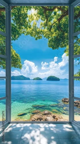 Wallpaper Mural Stunning Ocean View from Open Window Overlooking Tropical Islands and Clear Blue Sky on a Sunny Day Torontodigital.ca