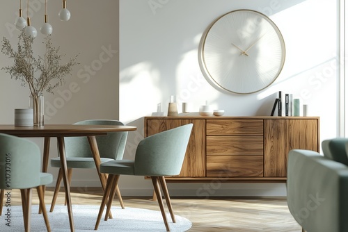 Modern dining room interior with a wooden table, chairs, and a cabinet against a white wall with a clock and a vase of dried flowers. photo