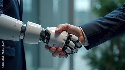 Robot hand shaking with a human a symbol of future business cooperation Combining artificial intelligence and human touch for technological evolution