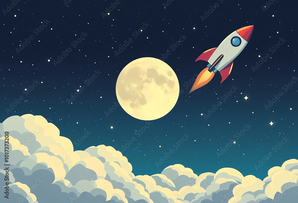 Rocket flying around the moon with cloudy sky illustration Rocket flying around the moon with cloudy sky illustration