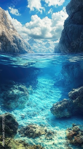 Stunning Underwater and Mountain Landscape with Clear Blue Waters and Majestic Rocky Cliffs Under a Vibrant Sky