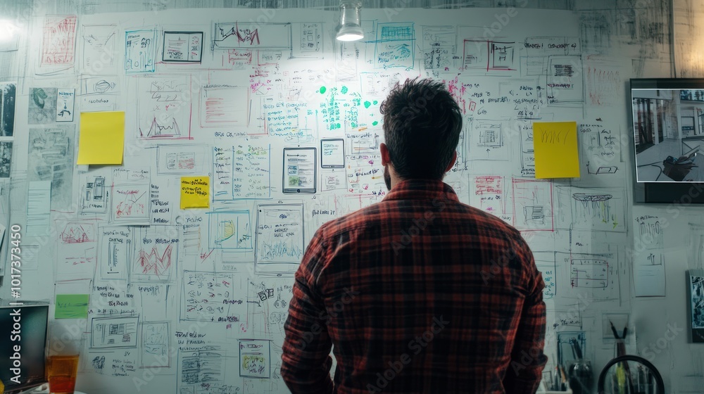 A designer in a creative studio mapping out the flow of ideas for a new mobile app, using colorful diagrams and detailed mind maps on a large whiteboard. A designer in a creative studio mapping out the flow of ideas for a new mobile app, using colorful diagrams and detailed mind maps on a large whiteboard.