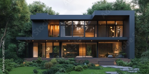 Modern black house with large windows and a wooden deck in the forest.