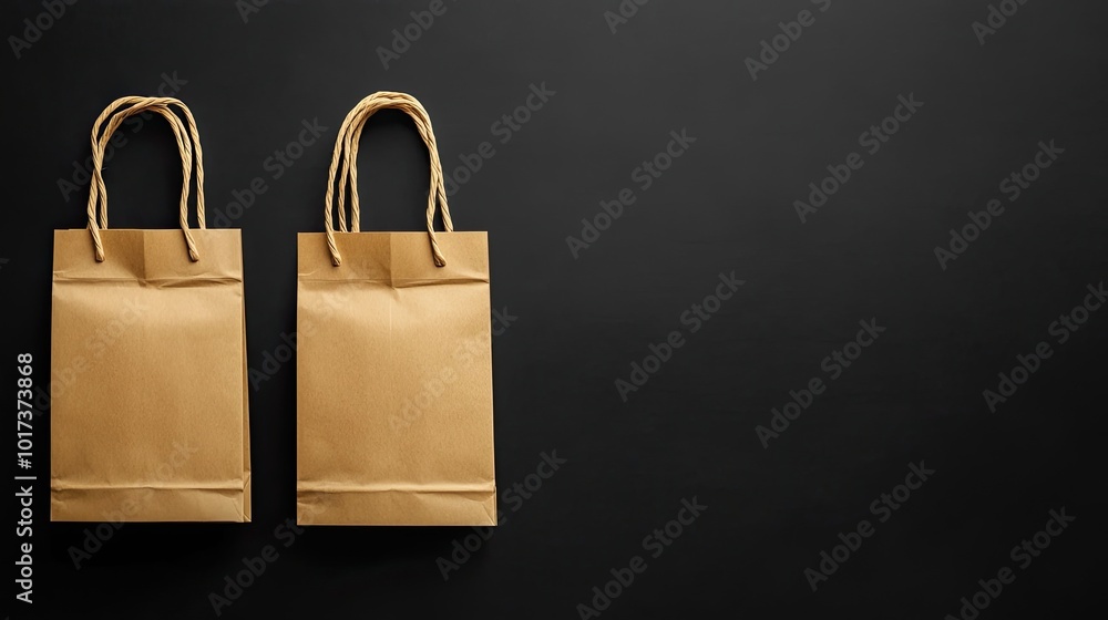 Minimalist Brown Paper Shopping Bags on Black Background for Eco-Friendly Retail and Branding Concepts Minimalist Brown Paper Shopping Bags on Black Background for Eco-Friendly Retail and Branding Concepts