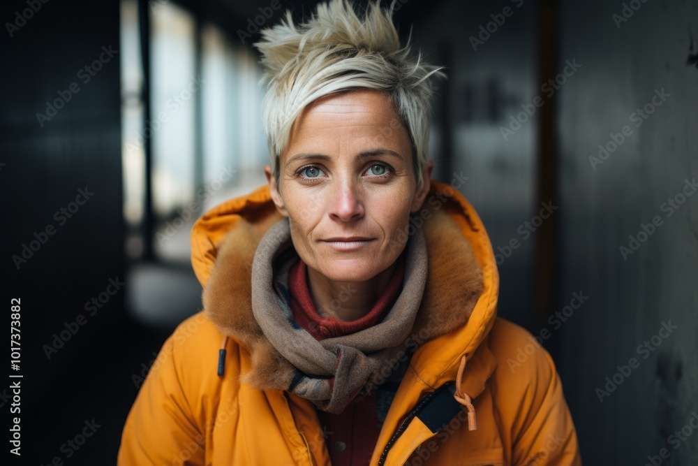 Portrait of a middle aged woman in a yellow jacket and scarf Portrait of a middle aged woman in a yellow jacket and scarf