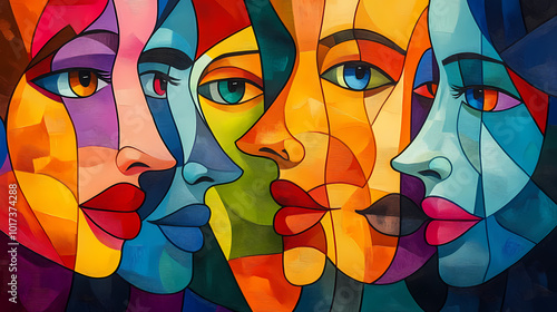 Abstract faces illustration in vibrant colors, cubism style collage for wallpaper, background design, art print. generative ai. Abstract Cubism. Illustration
