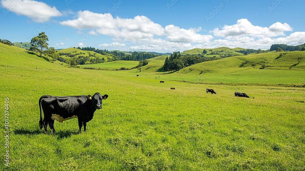 A serene landscape depicting a vast field of lush greenery where black and white cows leisurely graze under a clear blue sky. In the foreground, one cow approaches the camera, A serene landscape depicting a vast field of lush greenery where black and white cows leisurely graze under a clear blue sky. In the foreground, one cow approaches the camera,