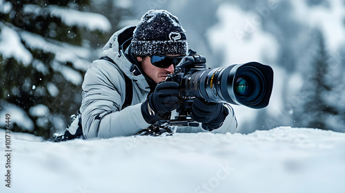 Photographer capturing wildlife in snowy landscape. photo