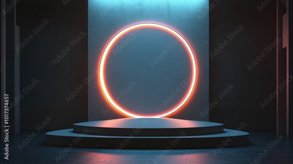 Glowing Circular Neon Light Above a Two-Tiered Platform Glowing Circular Neon Light Above a Two-Tiered Platform