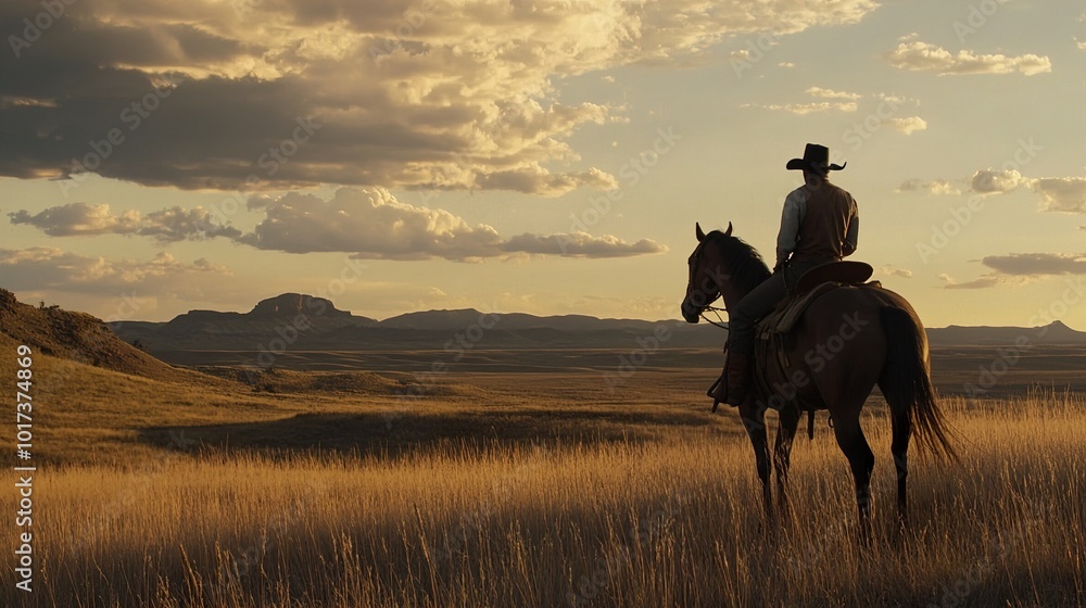 Lone Cowboy Silhouette on a Golden Prairie Sunset Lone Cowboy Silhouette on a Golden Prairie Sunset