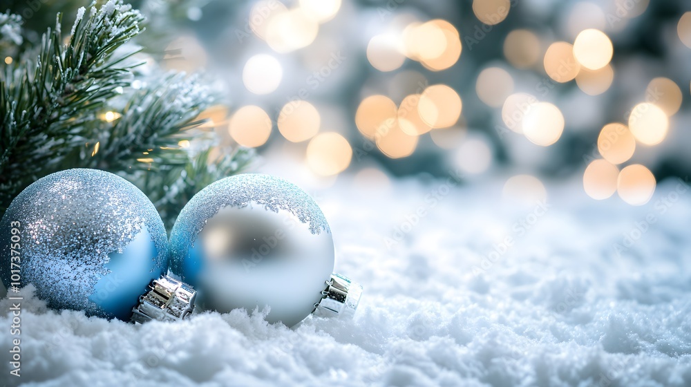 Two Silver Christmas Ornaments Resting in Fresh Snow Two Silver Christmas Ornaments Resting in Fresh Snow