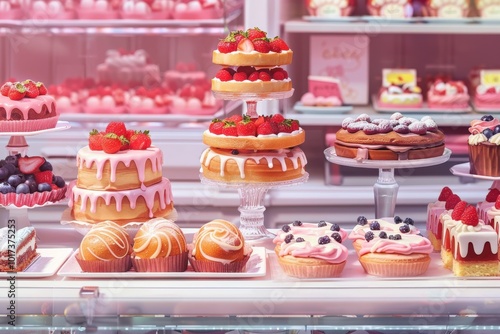 A display case full of desserts including cakes, cupcakes, and pastries, generative ai image
