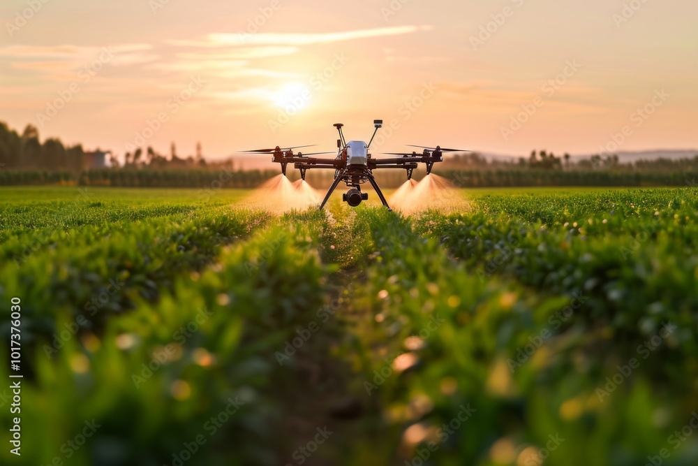 Drone spraying a field of crops at sunset Drone spraying a field of crops at sunset
