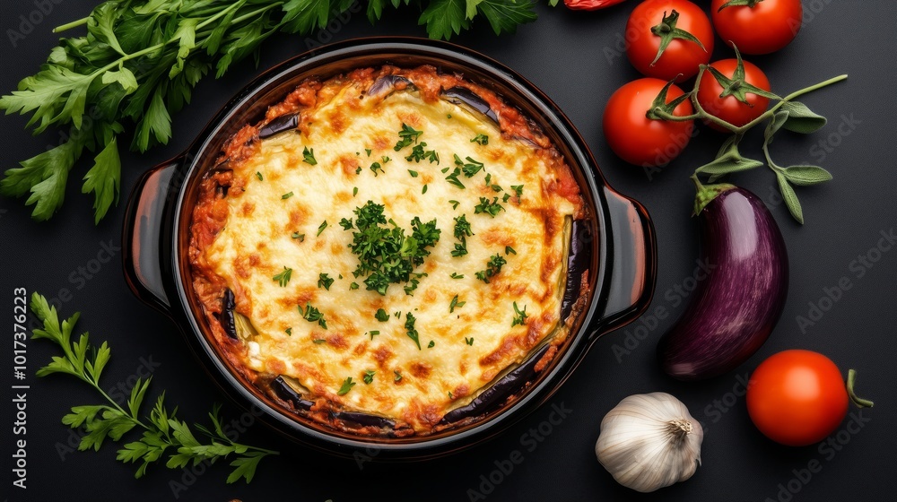 Top-down view of Greek moussaka showcasing layers of eggplant, seasoned meat or vegetarian option, and creamy bechamel sauce baked to golden perfection. Culinary masterpiece concept Top-down view of Greek moussaka showcasing layers of eggplant, seasoned meat or vegetarian option, and creamy bechamel sauce baked to golden perfection. Culinary masterpiece concept