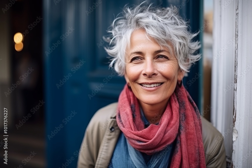 Portrait of happy senior woman with scarf standing in front of door Portrait of happy senior woman with scarf standing in front of door
