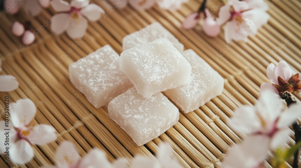 Traditional Japanese mochi sweets beautifully arranged on a bamboo mat with delicate cherry blossoms. Springtime treat concept Traditional Japanese mochi sweets beautifully arranged on a bamboo mat with delicate cherry blossoms. Springtime treat concept