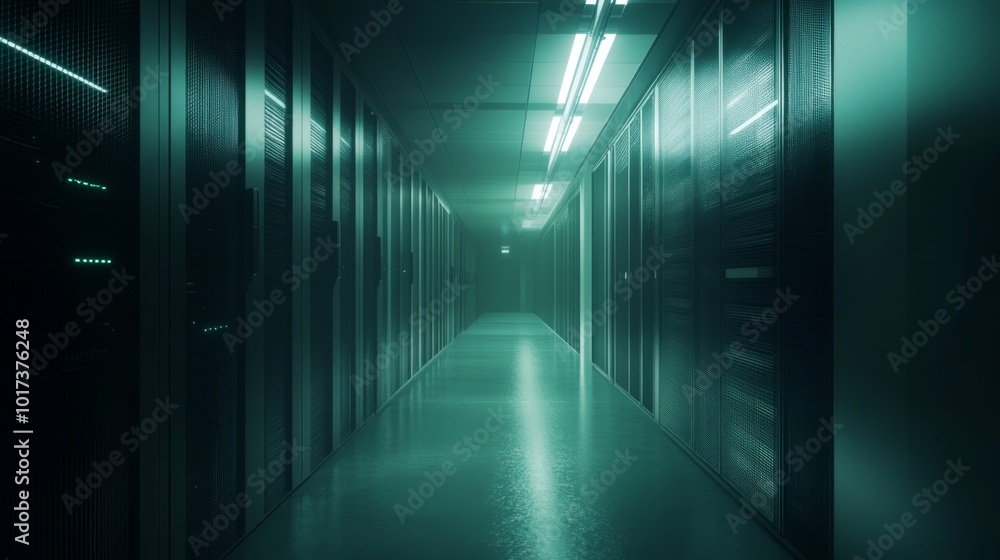 A long, dimly lit hallway in a data center with rows of server racks on either side. A long, dimly lit hallway in a data center with rows of server racks on either side.