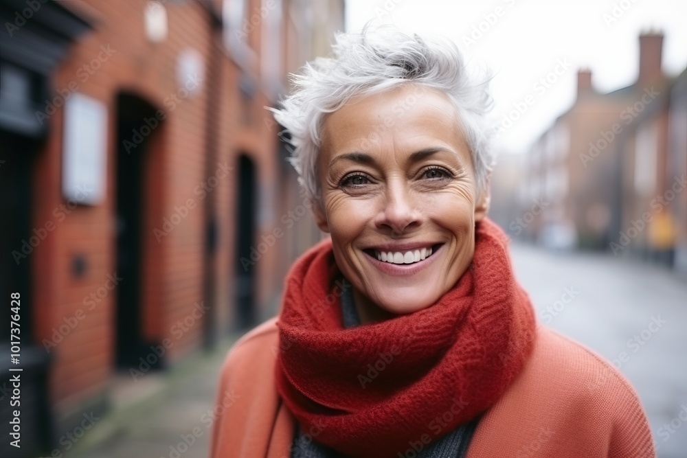Portrait of happy senior woman with red scarf and coat smiling outdoors Portrait of happy senior woman with red scarf and coat smiling outdoors