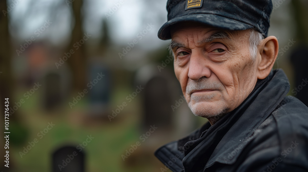 close up of an old veteran standing against a blurry background of a grave close up of an old veteran standing against a blurry background of a grave