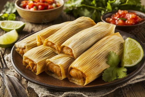 Traditional Mexican tamales wrapped in corn husks served with lime wedges and fresh salsa for an authentic culinary experience. Mexican cuisine concept photo