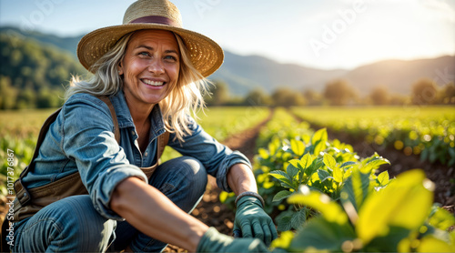 Smiling middle-aged female farmer woman tending green crops in field soil at morning sunrise. Experienced countrywoman planting and cultivating eco-friendly land. Sustainable agriculture concept.
