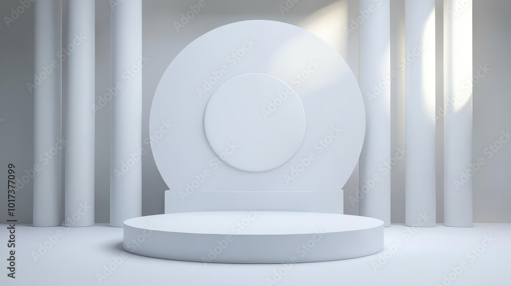 White Circular Platform with Columns and a Large Oval Shape Behind It White Circular Platform with Columns and a Large Oval Shape Behind It