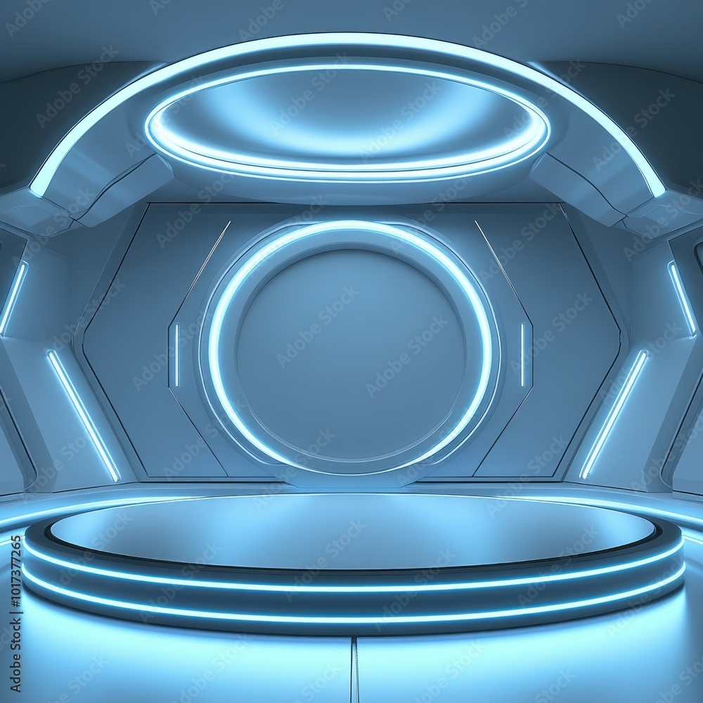 Futuristic Circular Room with Neon Lights and Platform Futuristic Circular Room with Neon Lights and Platform