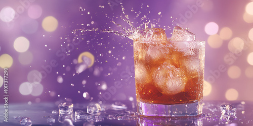 Cola Splash with Ice Cubes Against a Purple Background