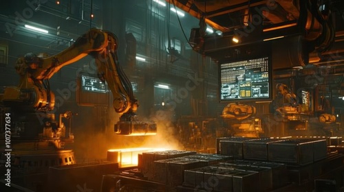 A futuristic foundry producing pig iron, with robotic arms handling the hot metal and stacking the freshly cast blocks, while screens monitor the cooling process. photo