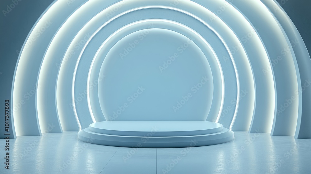 Obraz premium Circular Platform with Glowing Arches in a Minimalist Blue Setting