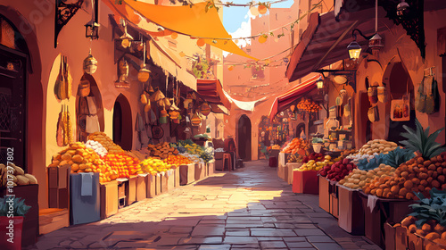 Bright moroccan market. Moroccan Souk. Illustration