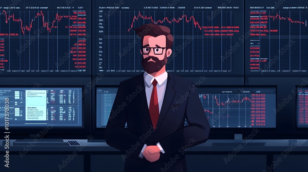 Businessman in Formal Suit Carefully Examining Exchange Data and Graphs Displayed on a Digital Finance Board Flat Cartoon Style with Triadic Color Scheme Businessman in Formal Suit Carefully Examining Exchange Data and Graphs Displayed on a Digital Finance Board Flat Cartoon Style with Triadic Color Scheme