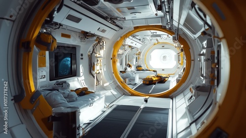 A futuristic living module inside a space station, with compact living quarters, advanced climate control systems, and a crew of astronauts floating in zero gravity.
