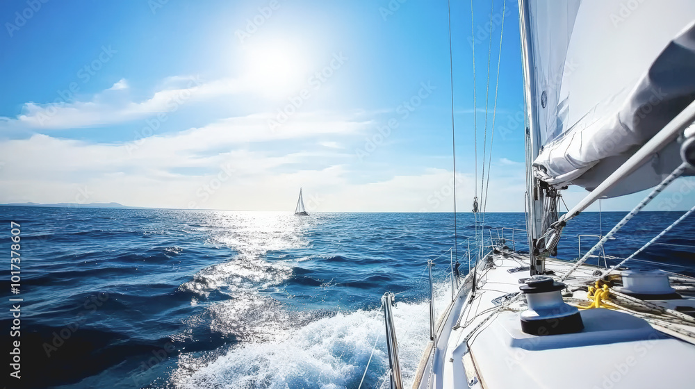 A sailboat is sailing in the ocean with a clear blue sky above A sailboat is sailing in the ocean with a clear blue sky above