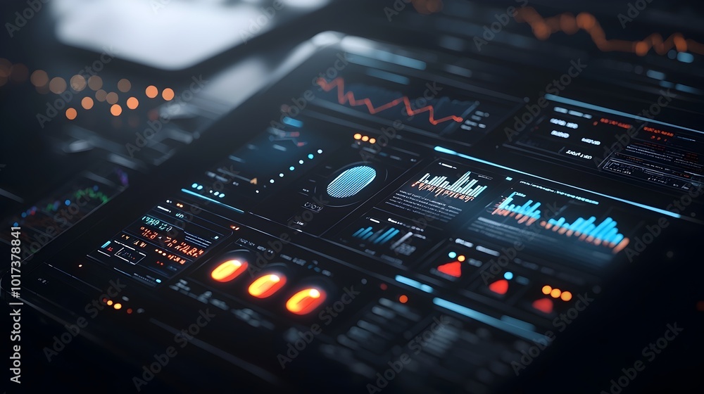 Futuristic business leader monitoring a virtual financial dashboard with glowing holographic data and analytics on a dark minimalist background Concept of data driven decision making Futuristic business leader monitoring a virtual financial dashboard with glowing holographic data and analytics on a dark minimalist background Concept of data driven decision making