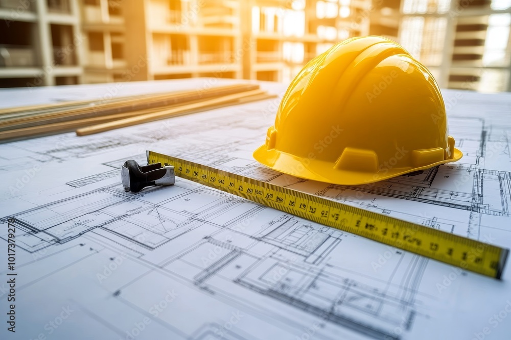 Yellow hardhat, tape measure, and blueprint on a table. Yellow hardhat, tape measure, and blueprint on a table.