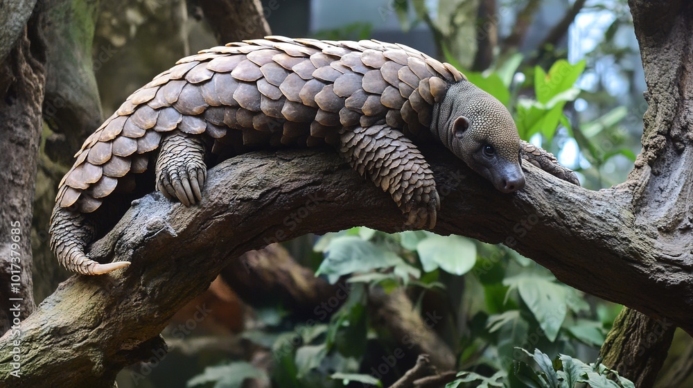 An African tree pangolin is perched gracefully on a branch, showcasing its distinctive scaled armor and long, curled tail. This unique creature, known for its shy and nocturnal behavior, An African tree pangolin is perched gracefully on a branch, showcasing its distinctive scaled armor and long, curled tail. This unique creature, known for its shy and nocturnal behavior,