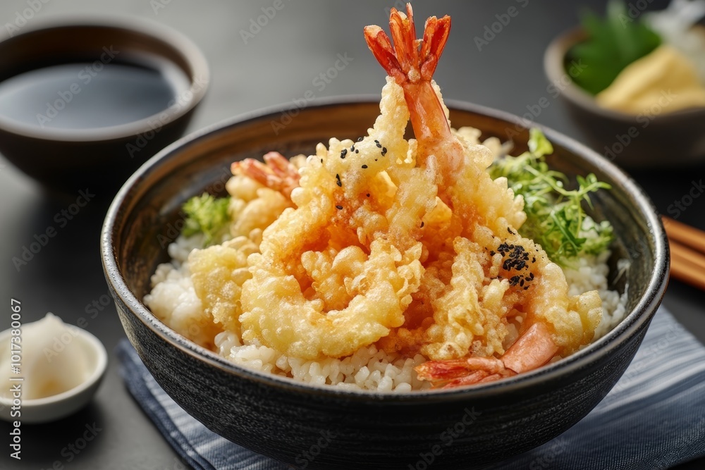 Tempura Shrimp Donburi with Rice and Sesame Seeds Tempura Shrimp Donburi with Rice and Sesame Seeds