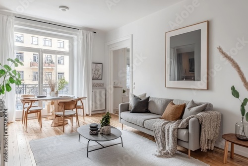 Wallpaper Mural Minimalist living room interior with a grey sofa, a wooden coffee table, and a white rug. Torontodigital.ca