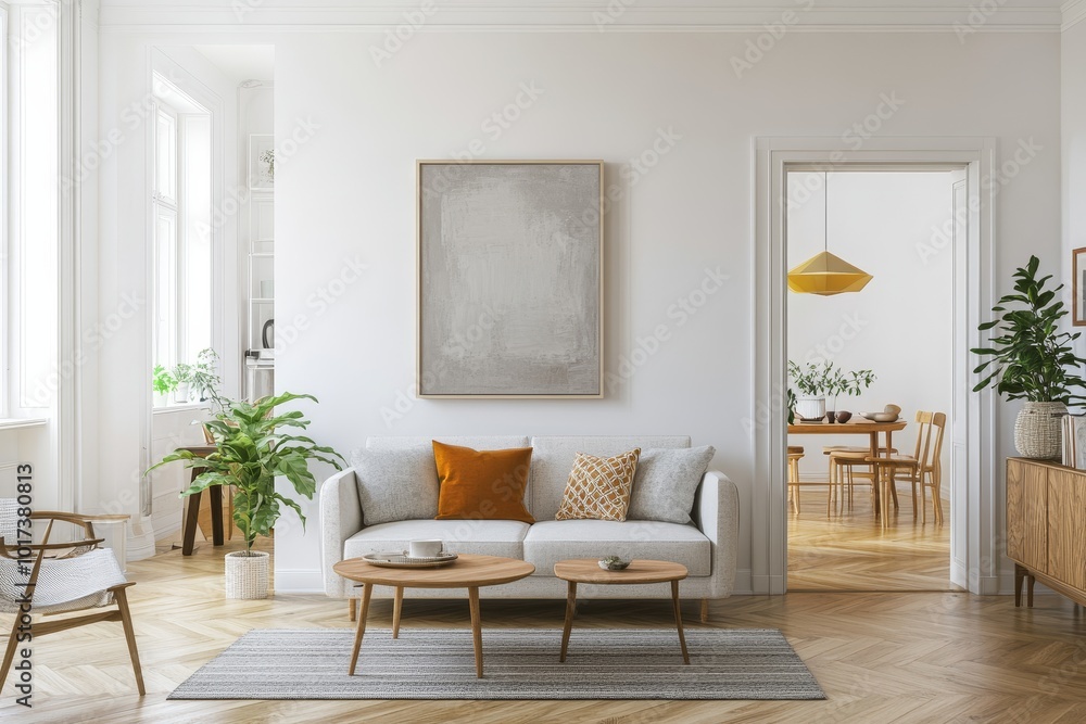 Fototapeta premium A modern living room with a gray couch, two wooden coffee tables, a rug and a doorway leading to a dining room.
