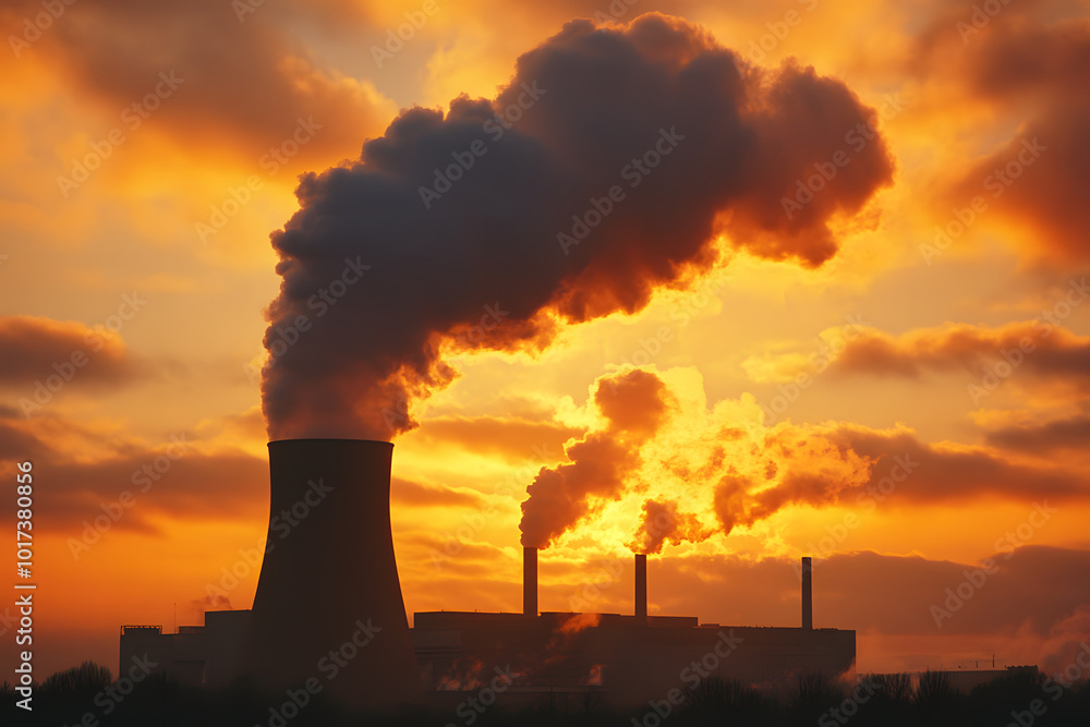 A large industrial chimney in early morning sky. A large industrial chimney in early morning sky.