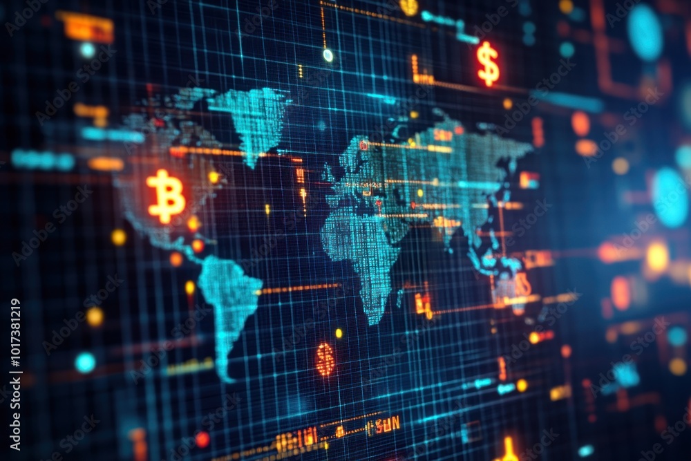Digital World Map with Bitcoin and Dollar Symbols Digital World Map with Bitcoin and Dollar Symbols