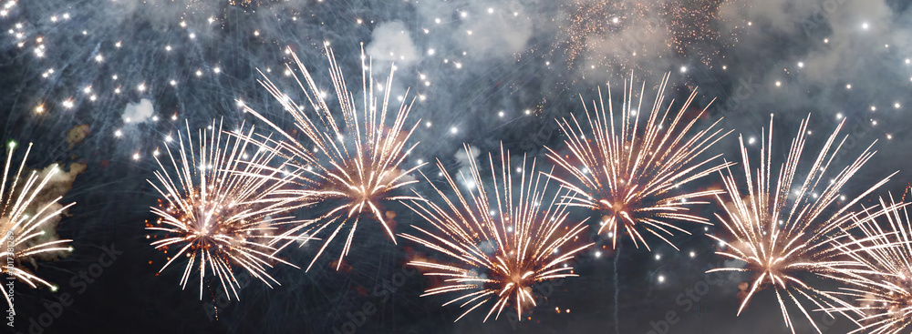 Fototapeta premium Banner blue Firework celebrate anniversary happy new year 2024, 4th of july holiday festival. Banner blue firework night celebrate national holiday. Countdown new year 2025 festival with copy space