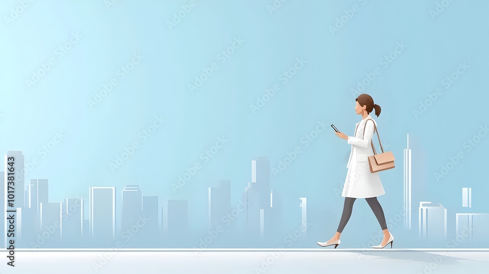 Efficient and confident businesswoman on the go smartphone in hand against a backdrop of a modern city skyline in a flat design the fast paced technology driven corporate lifestyle Efficient and confident businesswoman on the go smartphone in hand against a backdrop of a modern city skyline in a flat design the fast paced technology driven corporate lifestyle