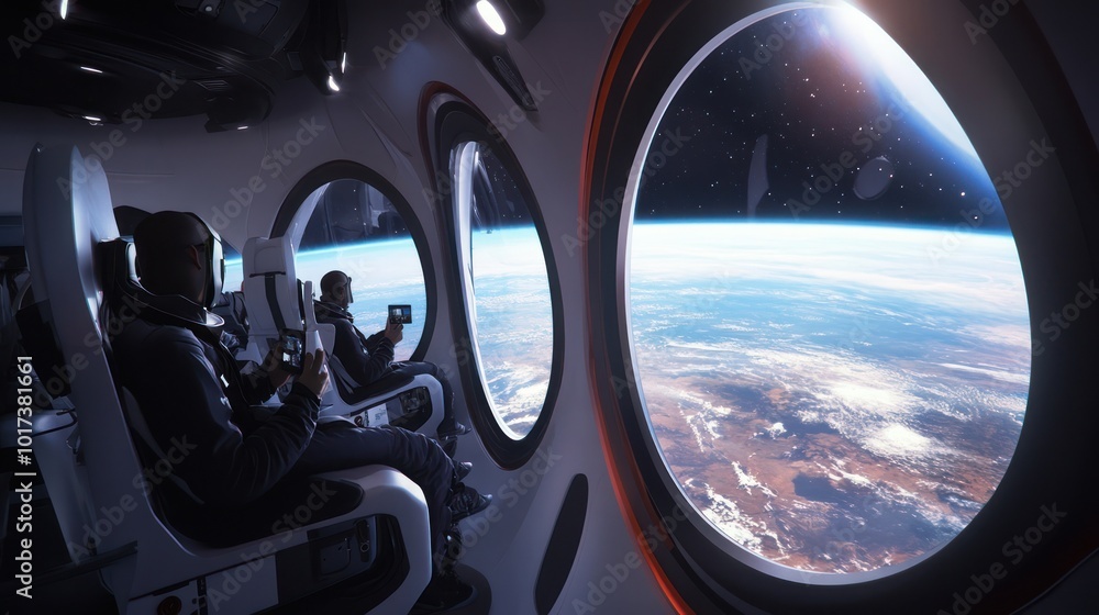 A group of space tourists floating outside the atmosphere in a commercial space flight, taking photos of Earth and the vastness of space through large transparent windows. A group of space tourists floating outside the atmosphere in a commercial space flight, taking photos of Earth and the vastness of space through large transparent windows.