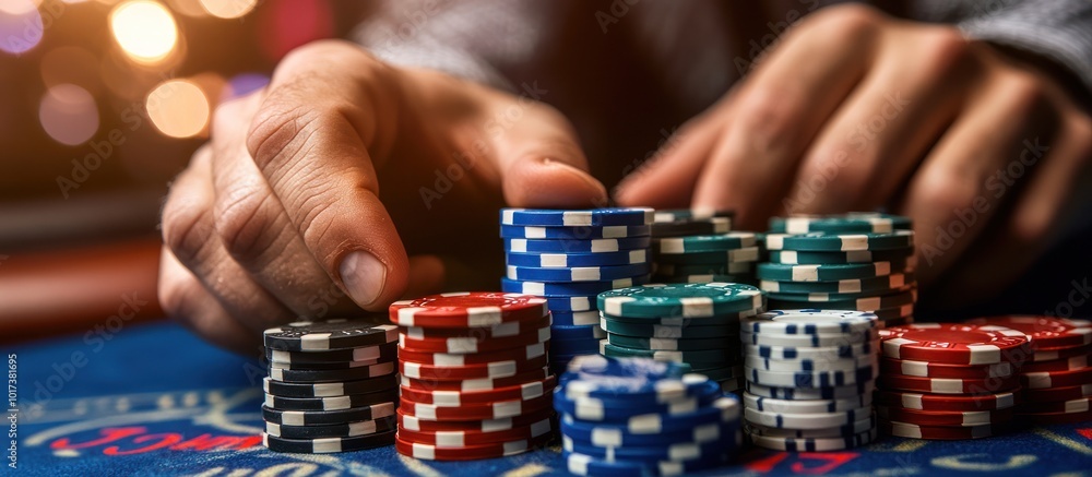 Close-up of a hand placing a stack of poker chips on a table. Close-up of a hand placing a stack of poker chips on a table.