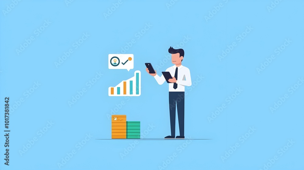 Fototapeta premium Businessperson Examining Smartphone to Monitor Corporate Metrics and Analytics Flat design of an entrepreneur or executive checking business data and performance indicators on a mobile device