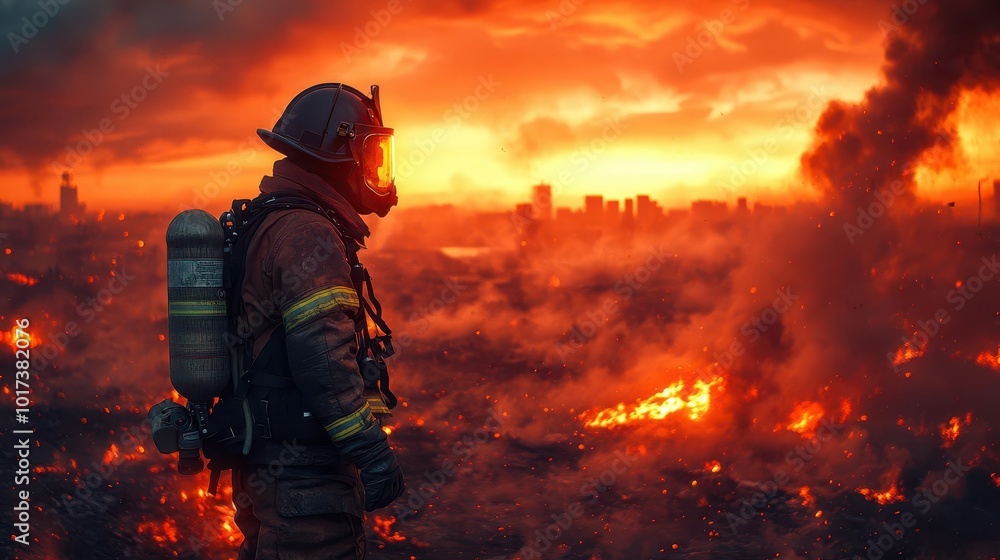 intrepid firefighter in full gear battling flames in a chaotic urban landscape smoke billowing around illuminated by a fiery sunset that casts an ominous glow intrepid firefighter in full gear battling flames in a chaotic urban landscape smoke billowing around illuminated by a fiery sunset that casts an ominous glow