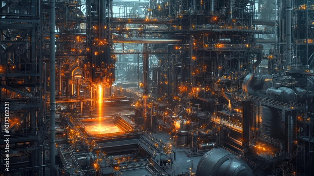 A high-tech iron processing plant with automated systems refining iron ore, with massive furnaces, robotic arms, and a network of pipes transferring molten iron. A high-tech iron processing plant with automated systems refining iron ore, with massive furnaces, robotic arms, and a network of pipes transferring molten iron.
